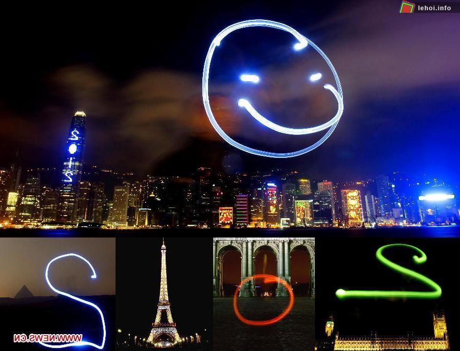    Bức ảnh kết hợp ảnh sáng ở Hong Kong, London, Brussels, Paris và Cairo cho thấy một khuôn mặt đang mỉm cười và con số năm mới 2012.