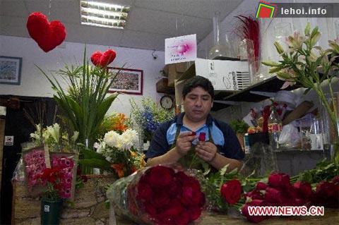 Chủ cửa hàng gói các bó hoa hồng để chuẩn bị cho dịp làm ăn nhân ngày lễ tình yêu tại Buenos Aires, Argentina . Ảnh: Xinhua. 